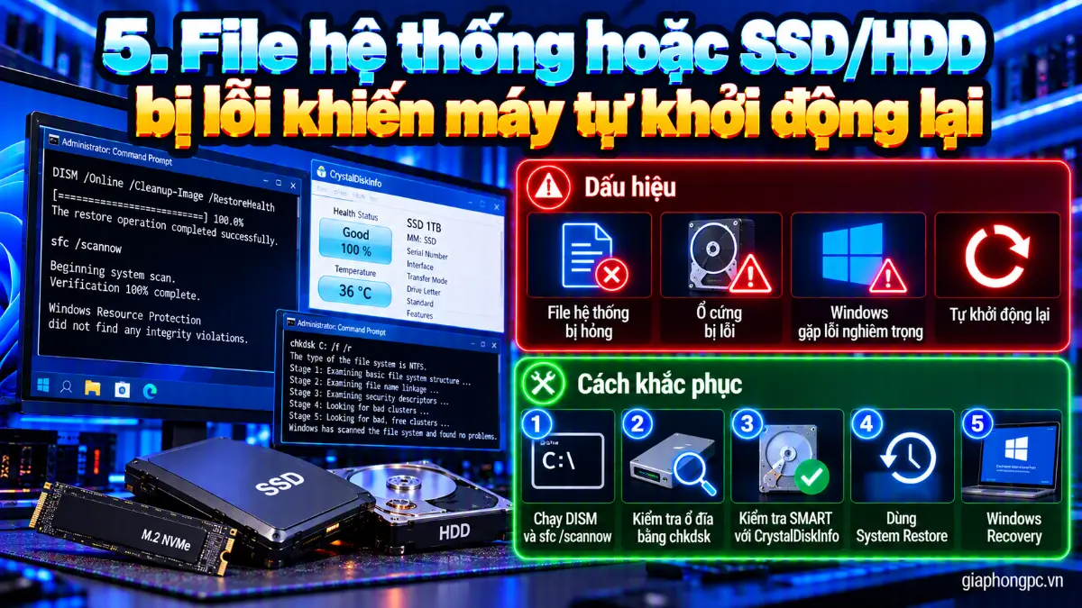 File hệ thống hoặc SSD HDD bị lỗi khiến máy tự khởi động lại