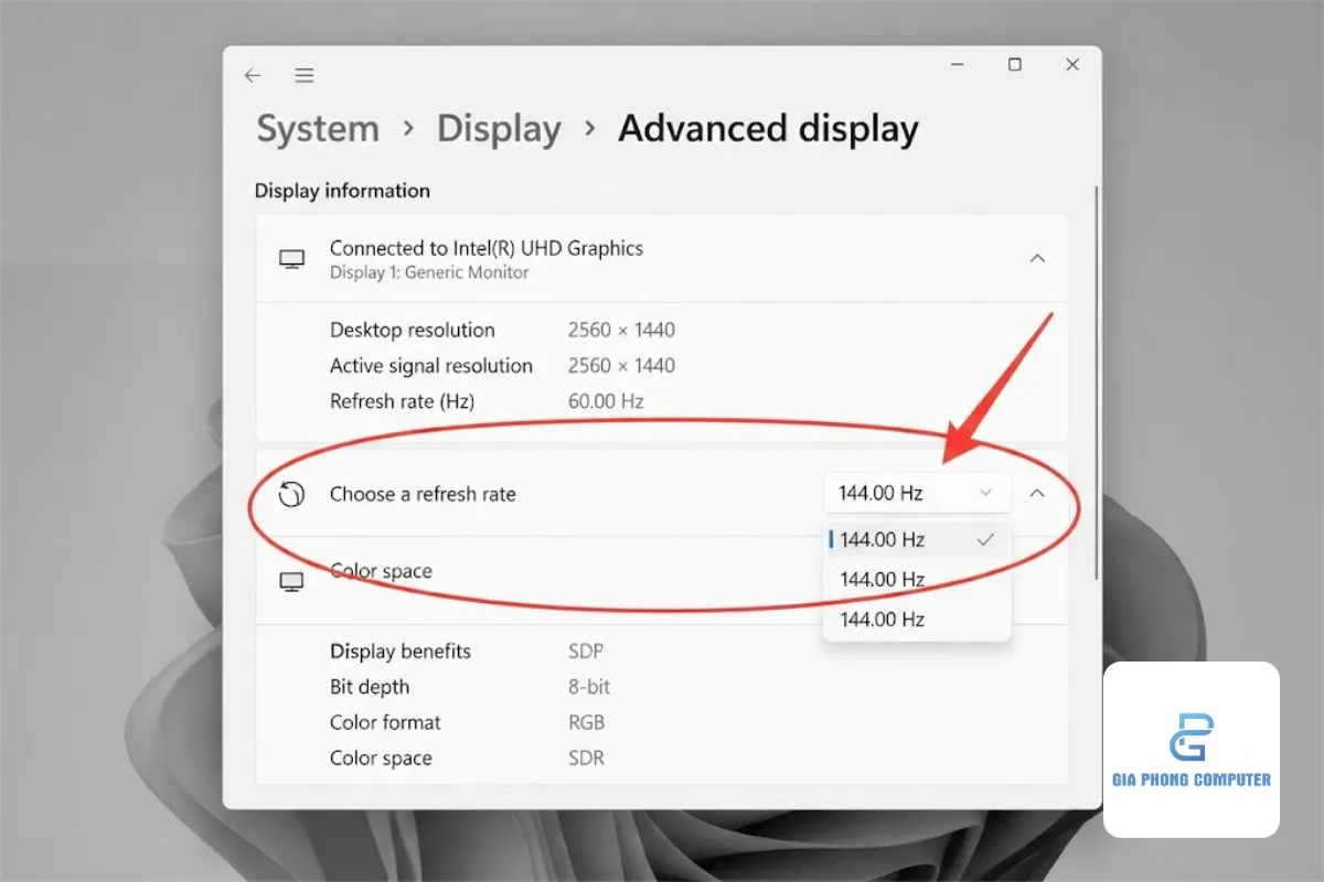 Giao diện cài đặt Display Settings trên Windows 11 để kích hoạt 144Hz