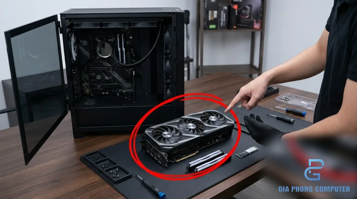 Bộ PC gaming hiện đại với card đồ họa rời, RAM và SSD NVMe dành cho nhu cầu chơi game thế giới mở