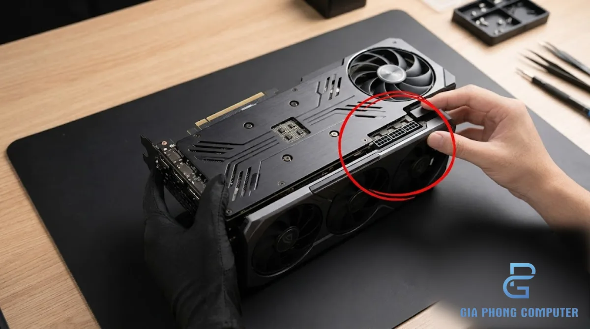 Kỹ thuật viên kiểm tra card đồ họa rời trước khi lắp vào PC gaming