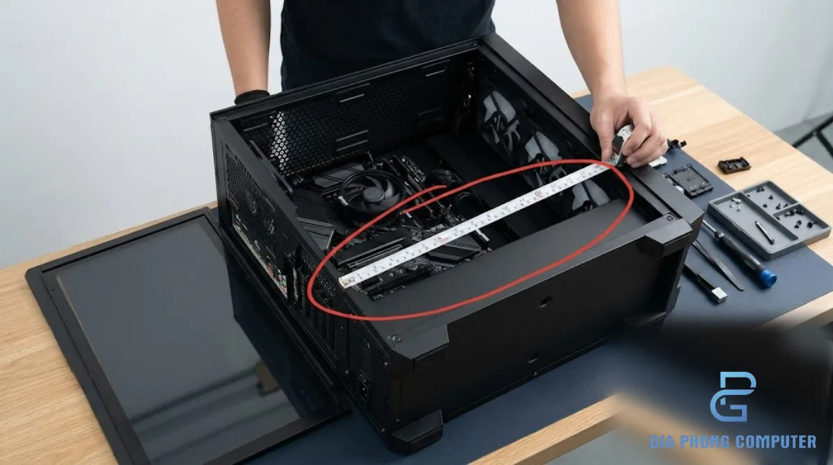 Đôi tay kỹ thuật viên đối chiếu card đồ họa với không gian bên trong thùng PC