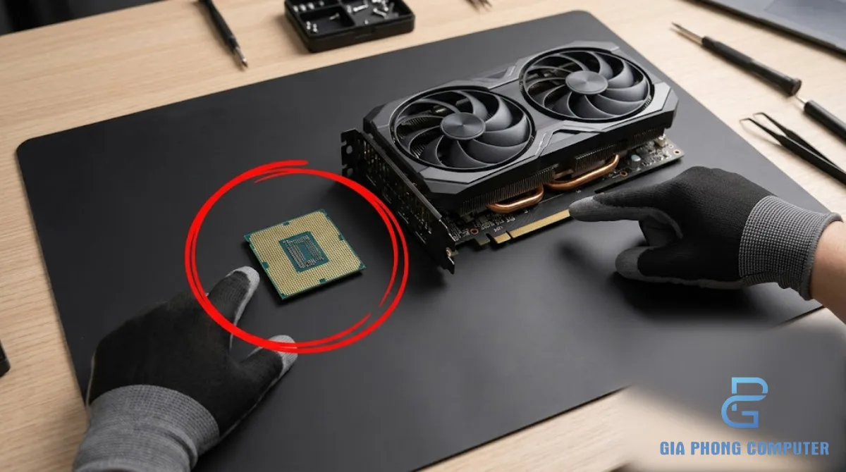 Kỹ thuật viên kiểm tra CPU và card đồ họa trên bàn lắp ráp máy tính