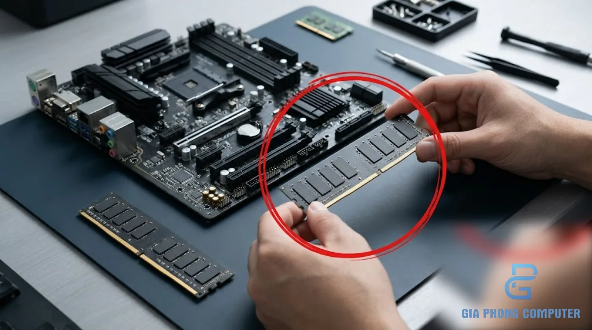 Hai thanh RAM desktop được kỹ thuật viên kiểm tra trên bàn lắp ráp PC