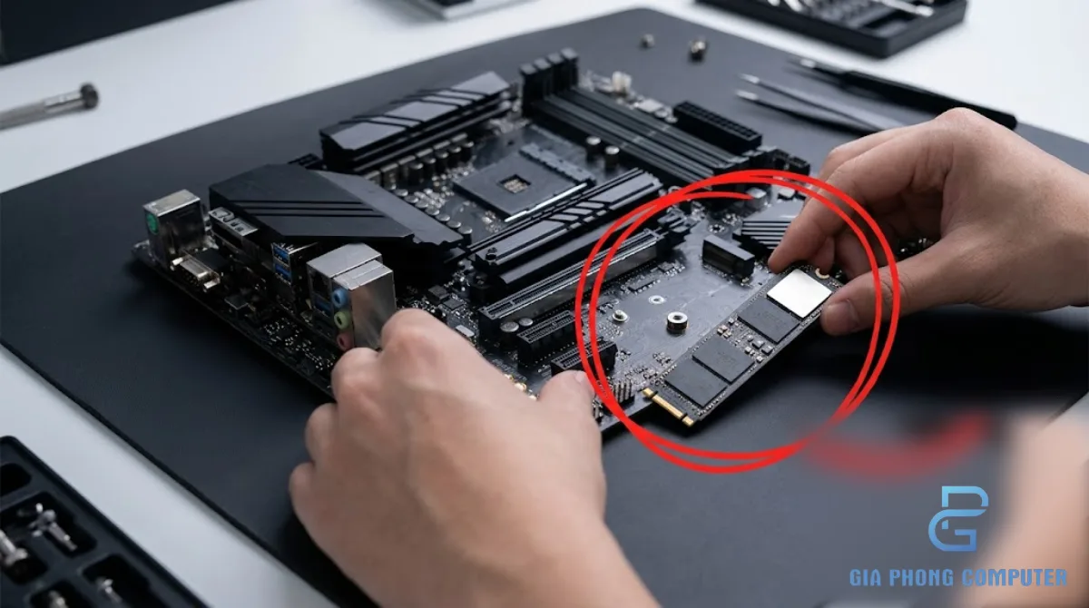 Ổ SSD NVMe M.2 đặt cạnh bo mạch chủ máy tính trong quá trình kiểm tra linh kiện