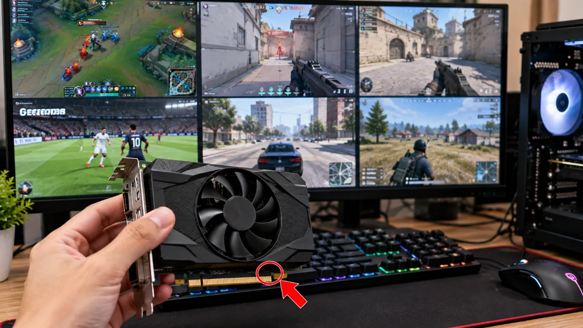 Card màn hình GTX 1650 trong bộ PC gaming đang chạy game ở độ phân giải Full HD 1920 × 1080, minh họa khả năng chơi các tựa game phổ thông với thiết lập đồ họa phù hợp