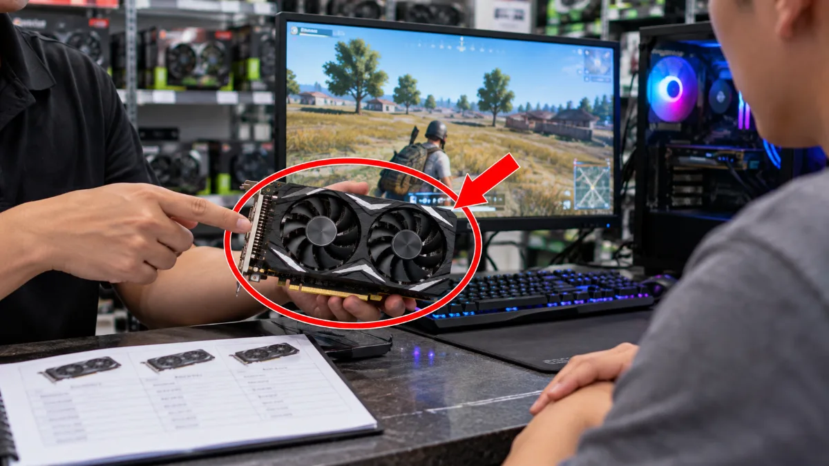 Nhân viên kỹ thuật tư vấn card màn hình GTX 1650 cũ cho khách hàng tại cửa hàng máy tính, kiểm tra card đồ họa trước khi nâng cấp PC gaming.