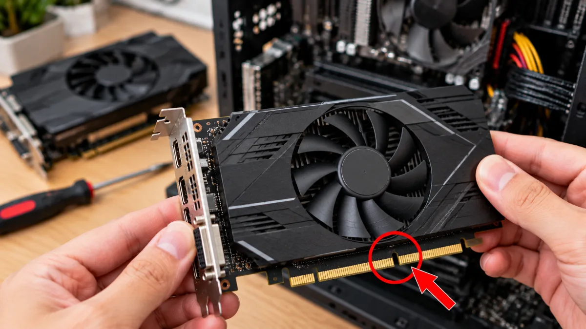 Hai bàn tay cầm card màn hình GTX 1650 cũ thiết kế một quạt màu đen, vòng tròn đỏ và mũi tên đỏ đánh dấu chân tiếp xúc PCIe