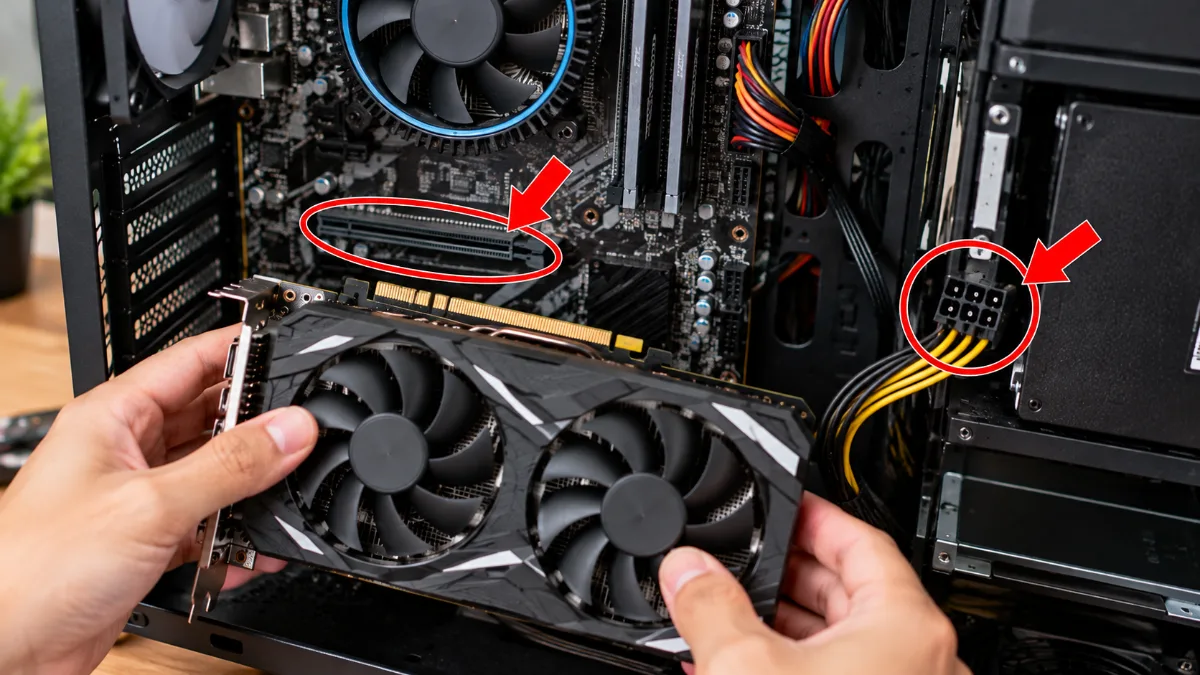 Lắp card màn hình GTX 1650 cũ vào máy tính để bàn, mũi tên đỏ chỉ khe PCIe x16 trên bo mạch chủ và đầu cấp nguồn PCIe cần kiểm tra khi nâng cấp PC.