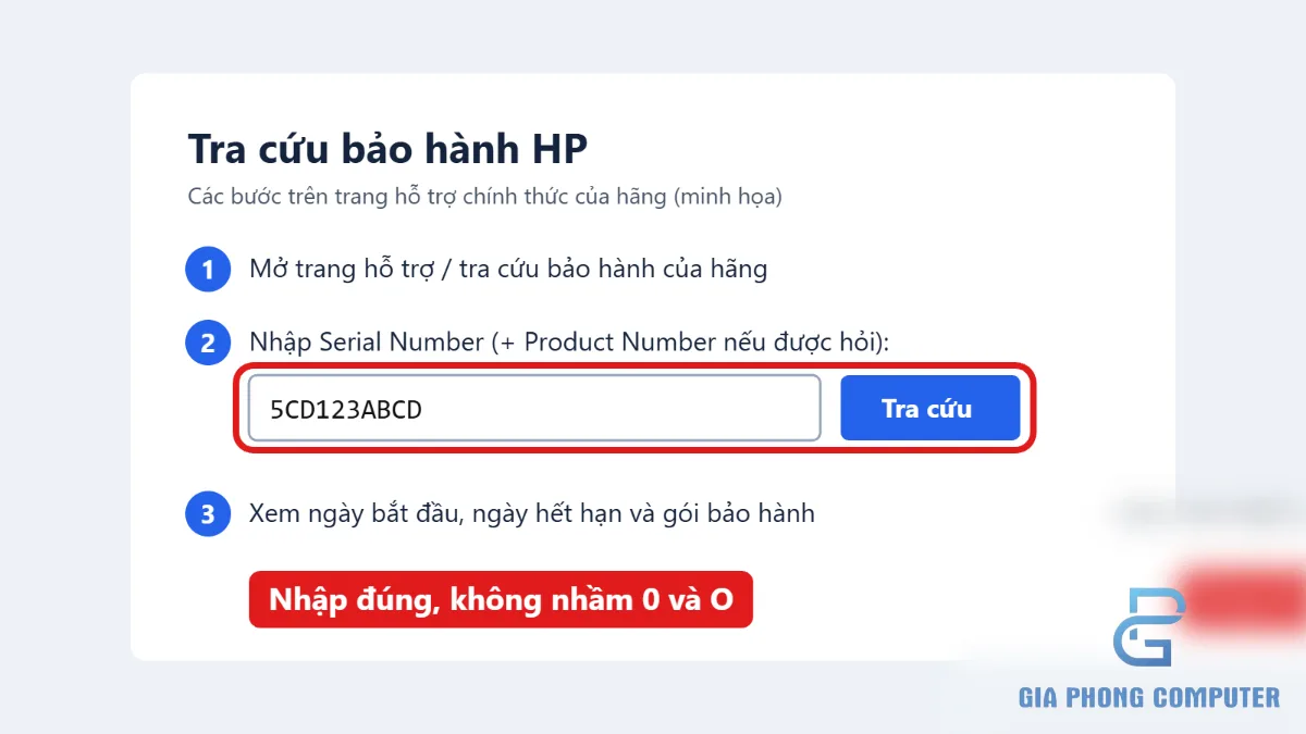 Minh họa trang HP Check Warranty tra cứu bảo hành bằng Serial Number
