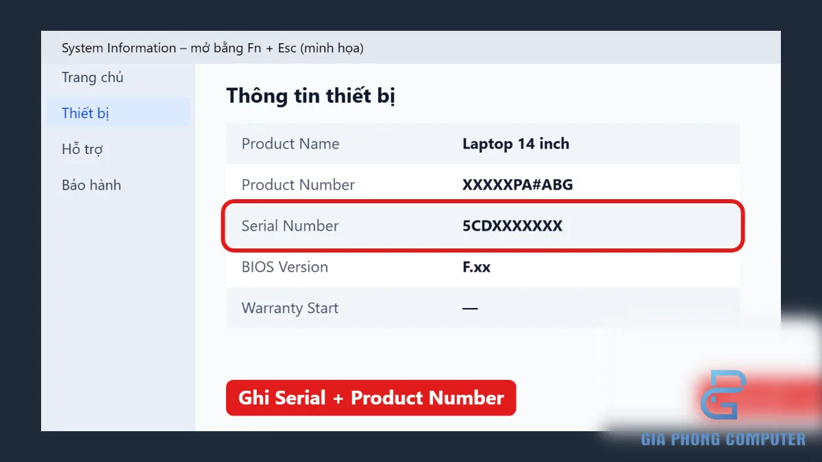 Minh họa cửa sổ System Information trên laptop HP sau khi nhấn Fn Esc