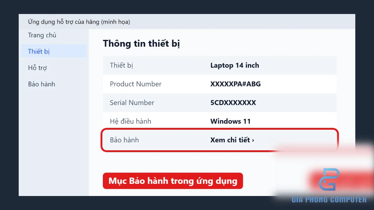 Minh họa HP Support Assistant hiển thị thông tin thiết bị và Serial Number