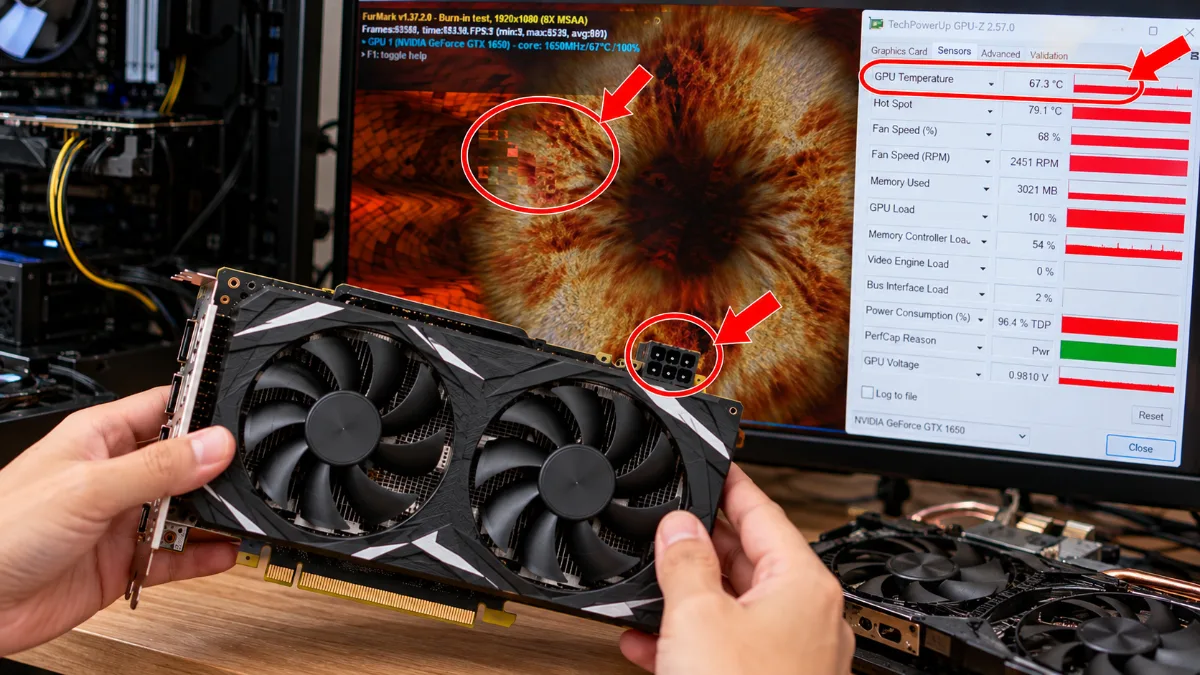 Kiểm tra card màn hình GTX 1650 cũ bằng GPU-Z và FurMark, theo dõi nhiệt độ GPU, GPU Hot Spot, tốc độ quạt và mức tải khi kiểm tra hiệu năng.