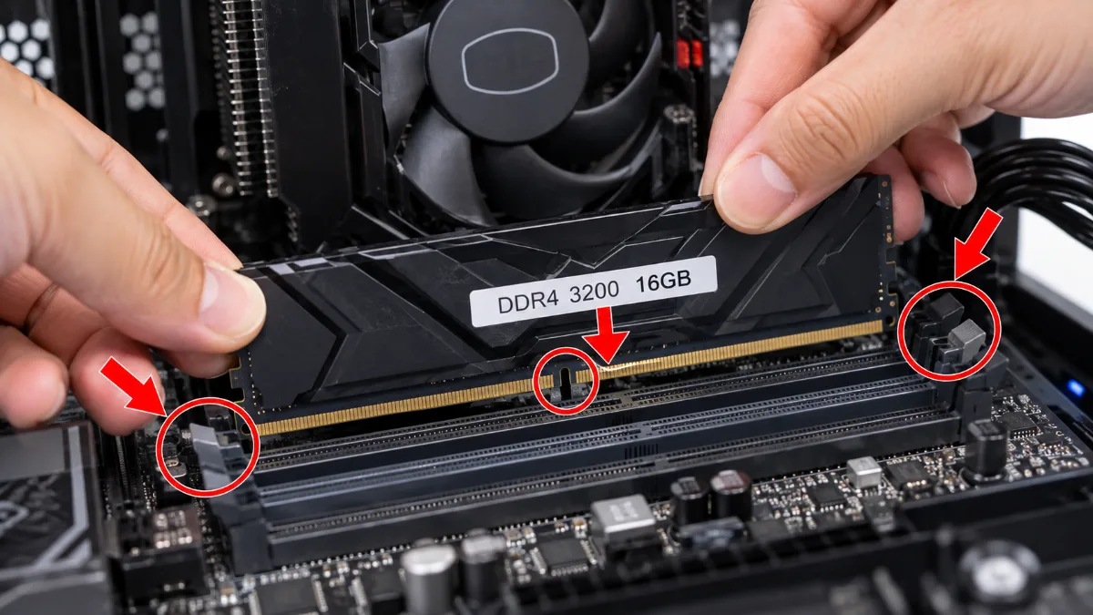 Hai bàn tay đang lắp thanh RAM DDR4-3200 vào khe DIMM trên mainboard, với vòng tròn đỏ và mũi tên đỏ chỉ vào chân tiếp xúc, rãnh khuyết và chốt khóa khe RAM.