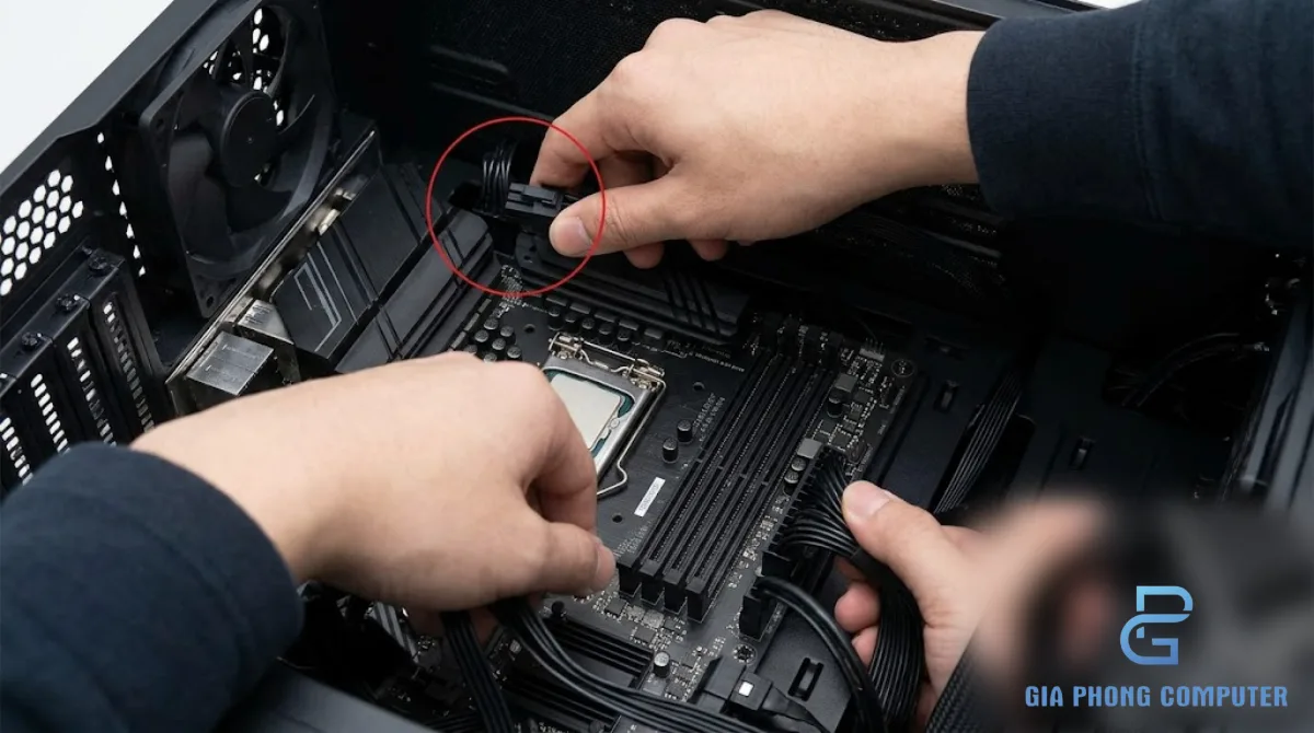 Hai bàn tay cắm đầu nguồn ATX 24-pin và EPS 8-pin vào bo mạch chủ