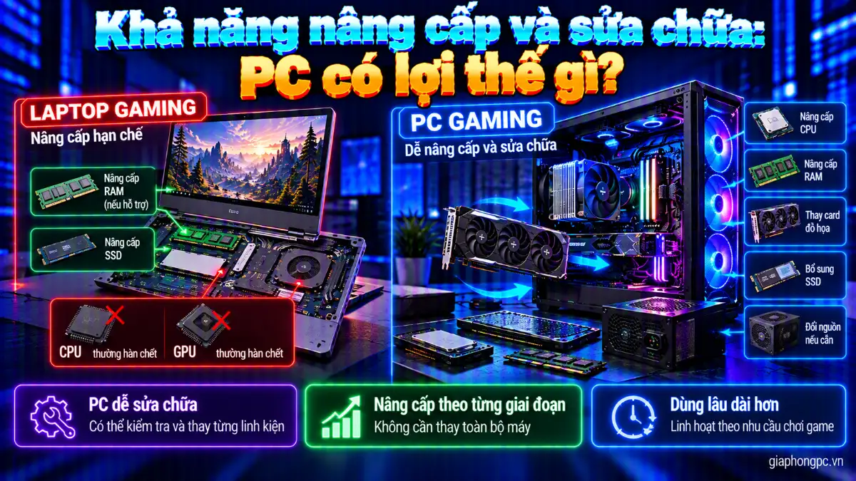 So sánh khả năng nâng cấp và sửa chữa của PC gaming với laptop gaming