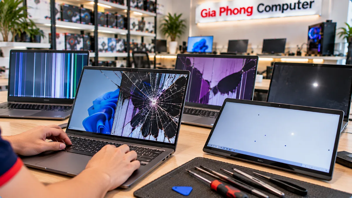 Laptop bị nứt màn hình, sọc dọc, chảy mực và xuất hiện điểm chết tại cửa hàng Gia Phong Computer