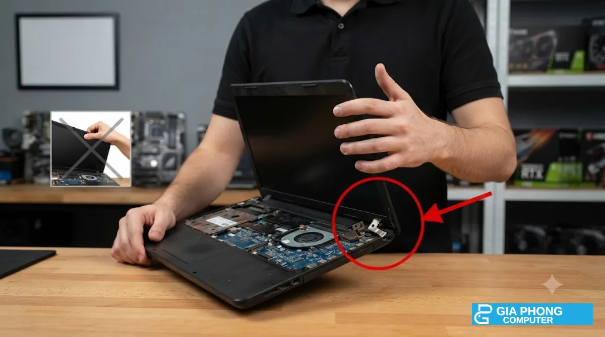 Không cầm màn hình để nhấc laptop – sửa bản lề laptop