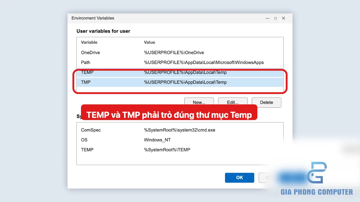 Kiểm tra biến TEMP và TMP trong cửa sổ Environment Variables của Windows
