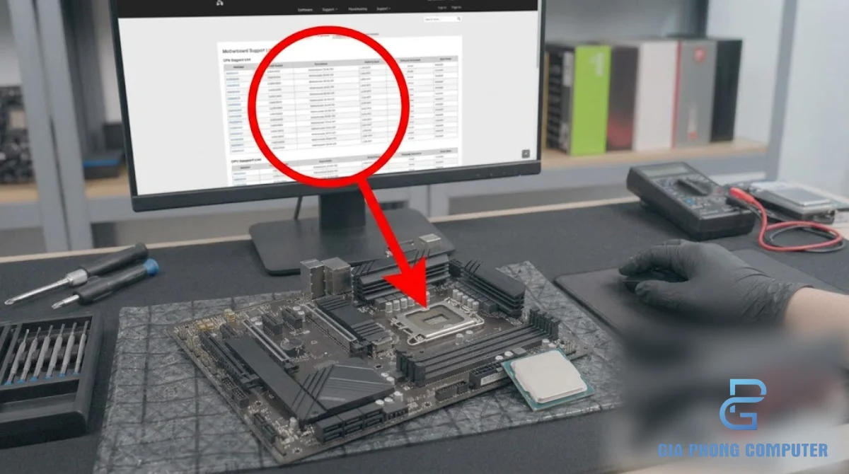 Kỹ thuật viên đối chiếu danh sách CPU Support và phiên bản BIOS của main B860 trước khi lắp