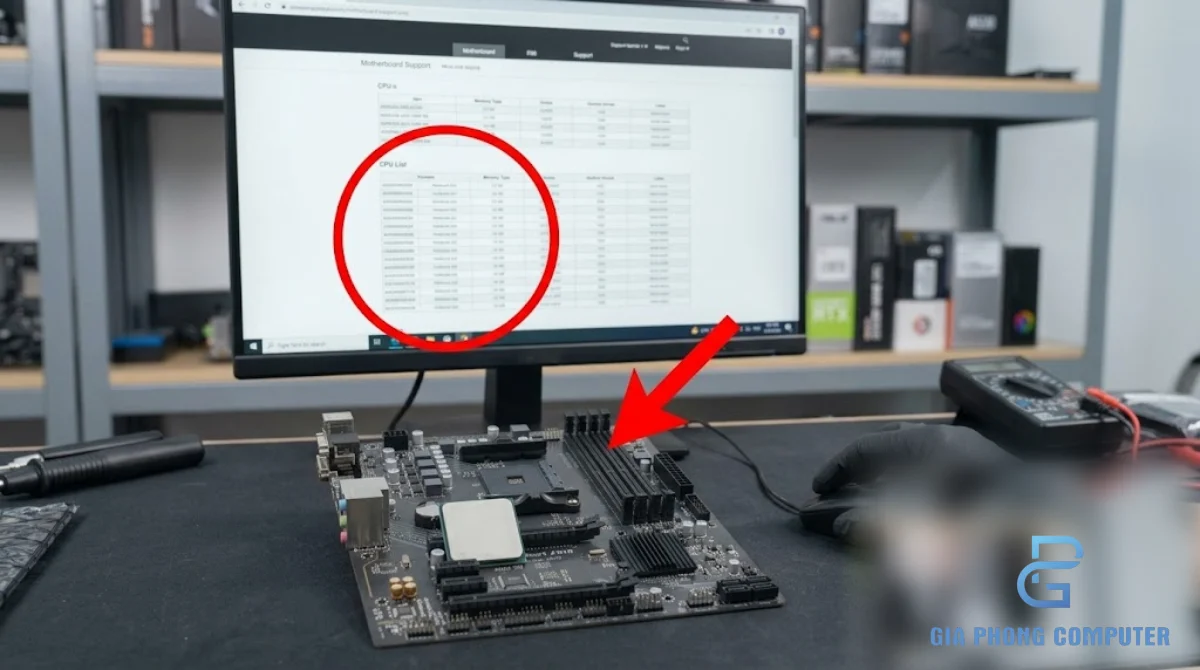 Kỹ thuật viên kiểm tra danh sách CPU Support và phiên bản BIOS trước khi mua main A520