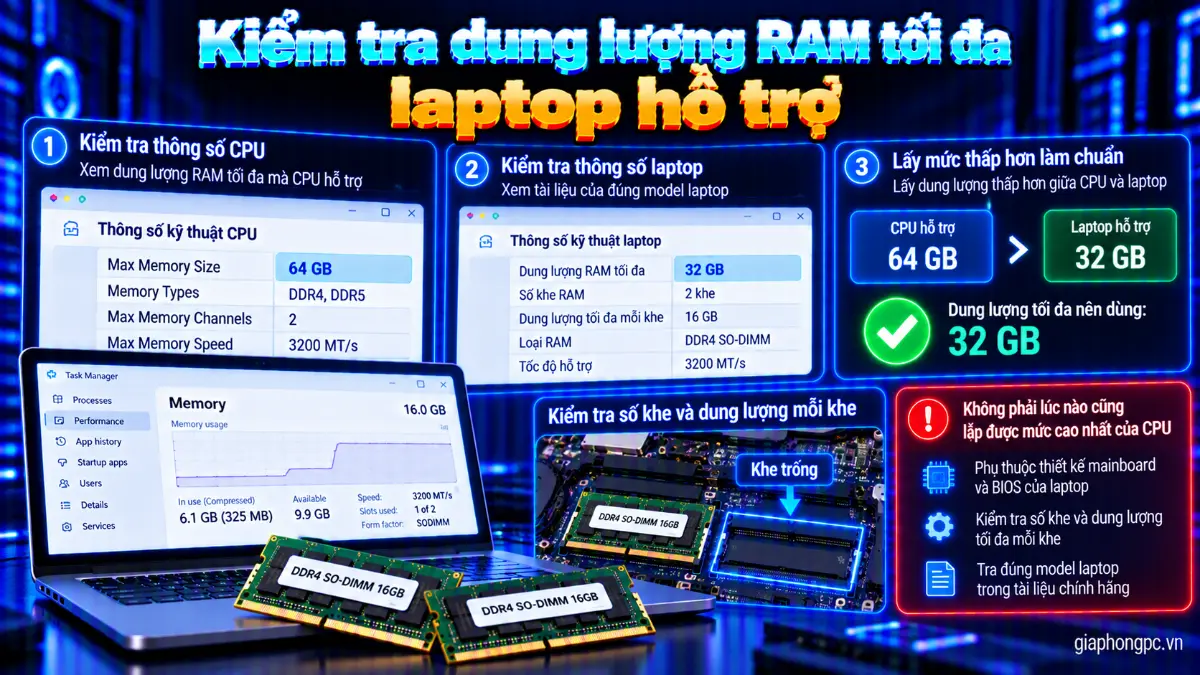 Kiểm tra dung lượng RAM tối đa laptop hỗ trợ