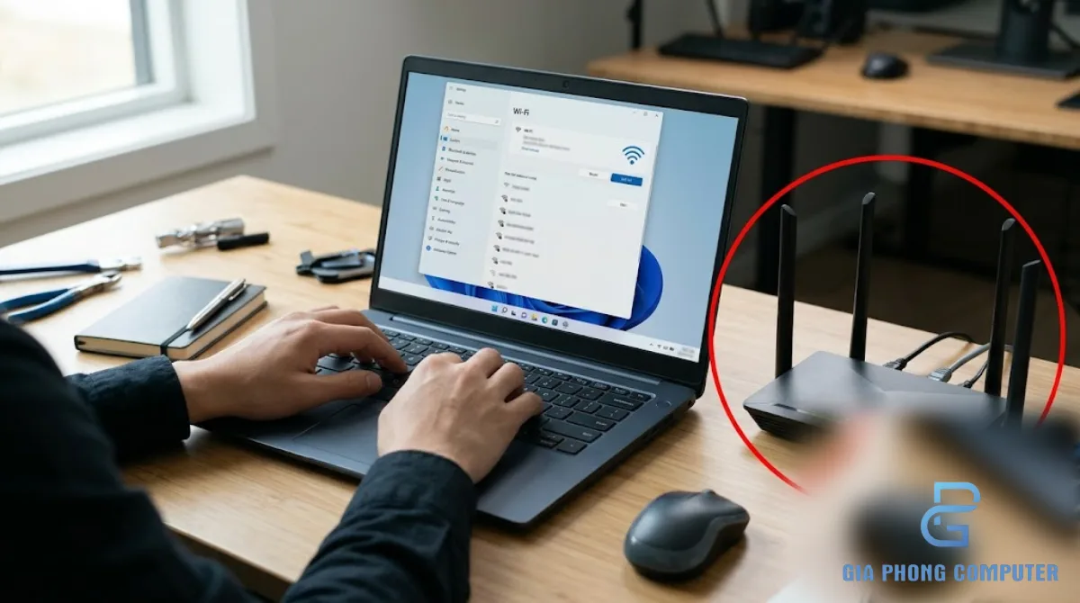 Đôi tay kỹ thuật viên kiểm tra cài đặt mạng trên máy tính Windows tại bàn kỹ thuật