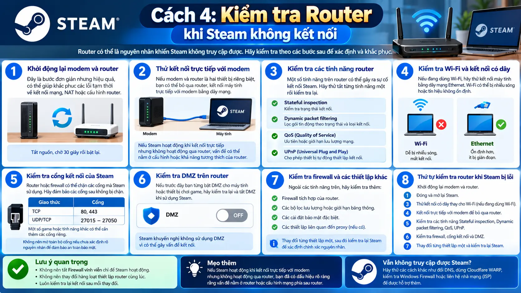 Cách kiểm tra router khi Steam không kết nối