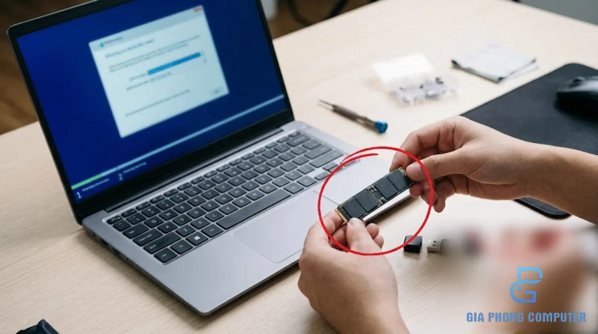 Kỹ thuật viên kiểm tra SSD và USB cài Windows trước khi cài đặt lại hệ điều hành