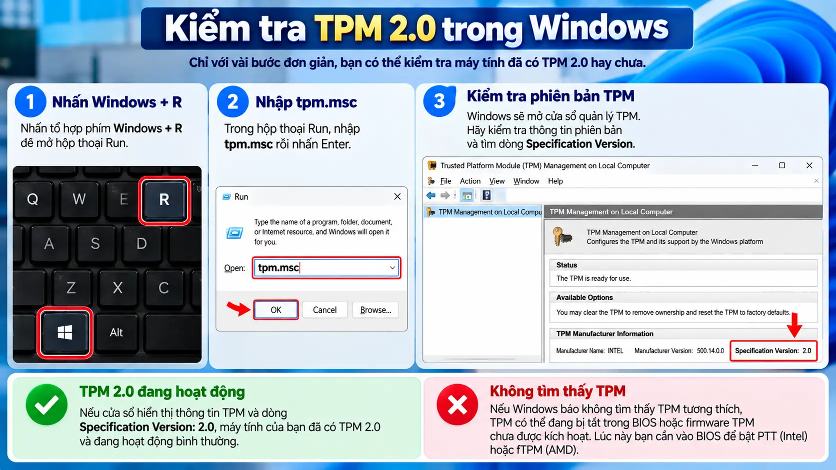 Kiểm tra TPM 2.0 trong Windows bằng tpm.msc