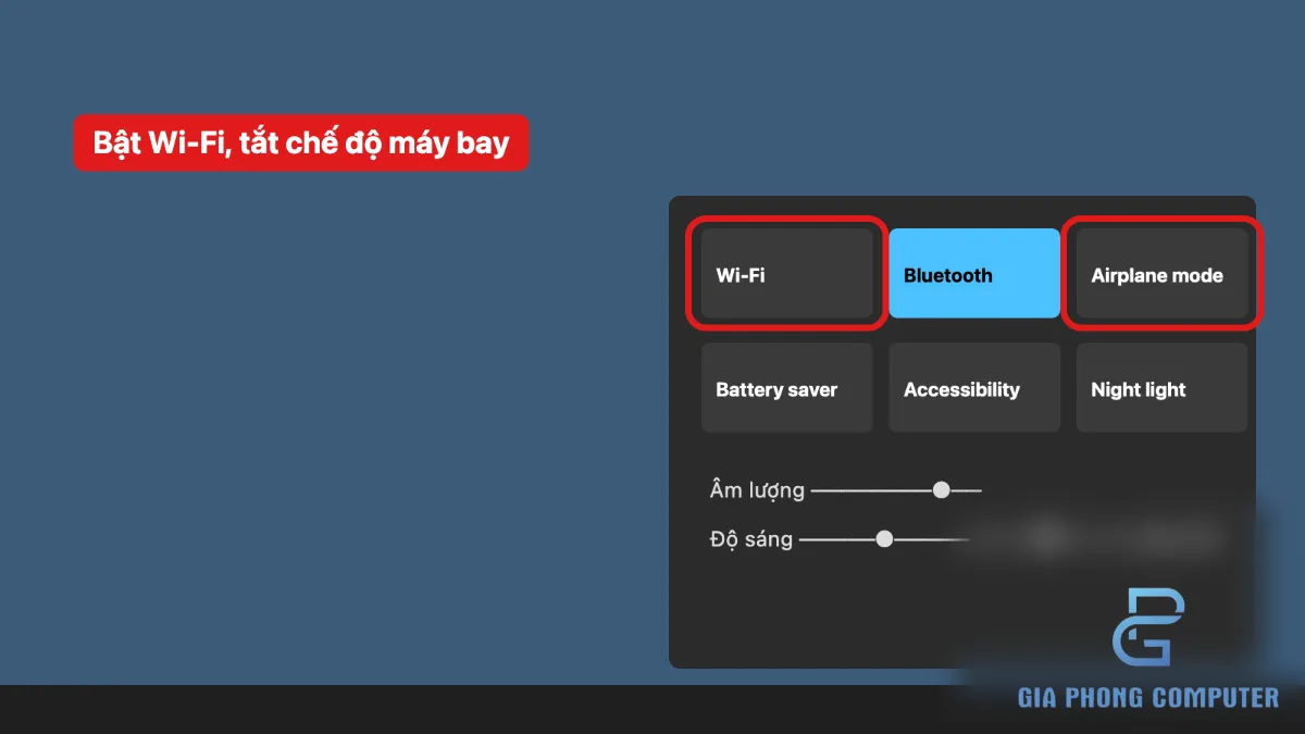 Kiểm tra nút Wi-Fi và chế độ máy bay trong Quick Settings Windows 11
