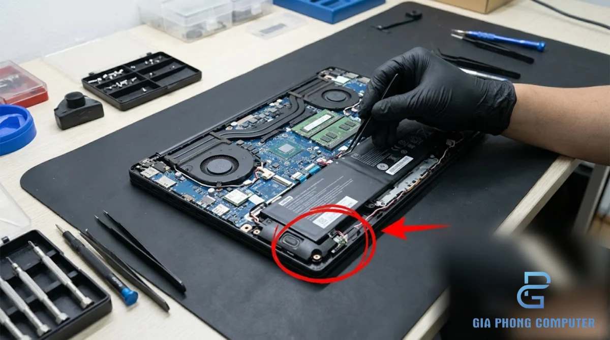 Kỹ thuật viên kiểm tra dây kết nối và cụm loa bên trong laptop