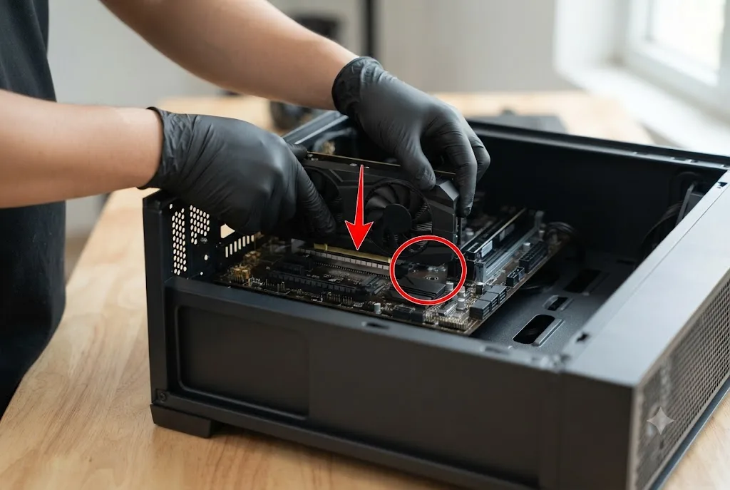 Cách lắp card màn hình vào PC: ấn card xuống khe PCIe x16 trên mainboard