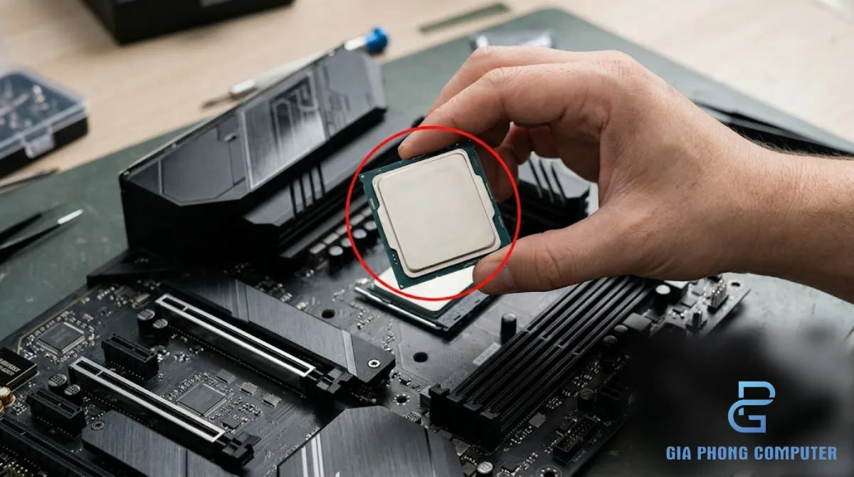 Kỹ thuật viên lắp CPU lên mainboard DDR5 trong quá trình xây dựng PC cao cấp