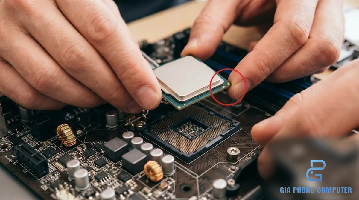 Hai bàn tay căn dấu tam giác vàng khi đặt CPU vào socket bo mạch chủ