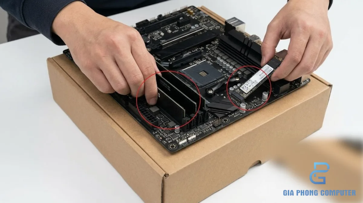 Hai bàn tay lắp thanh RAM và SSD M.2 lên bo mạch chủ trước khi đưa vào case