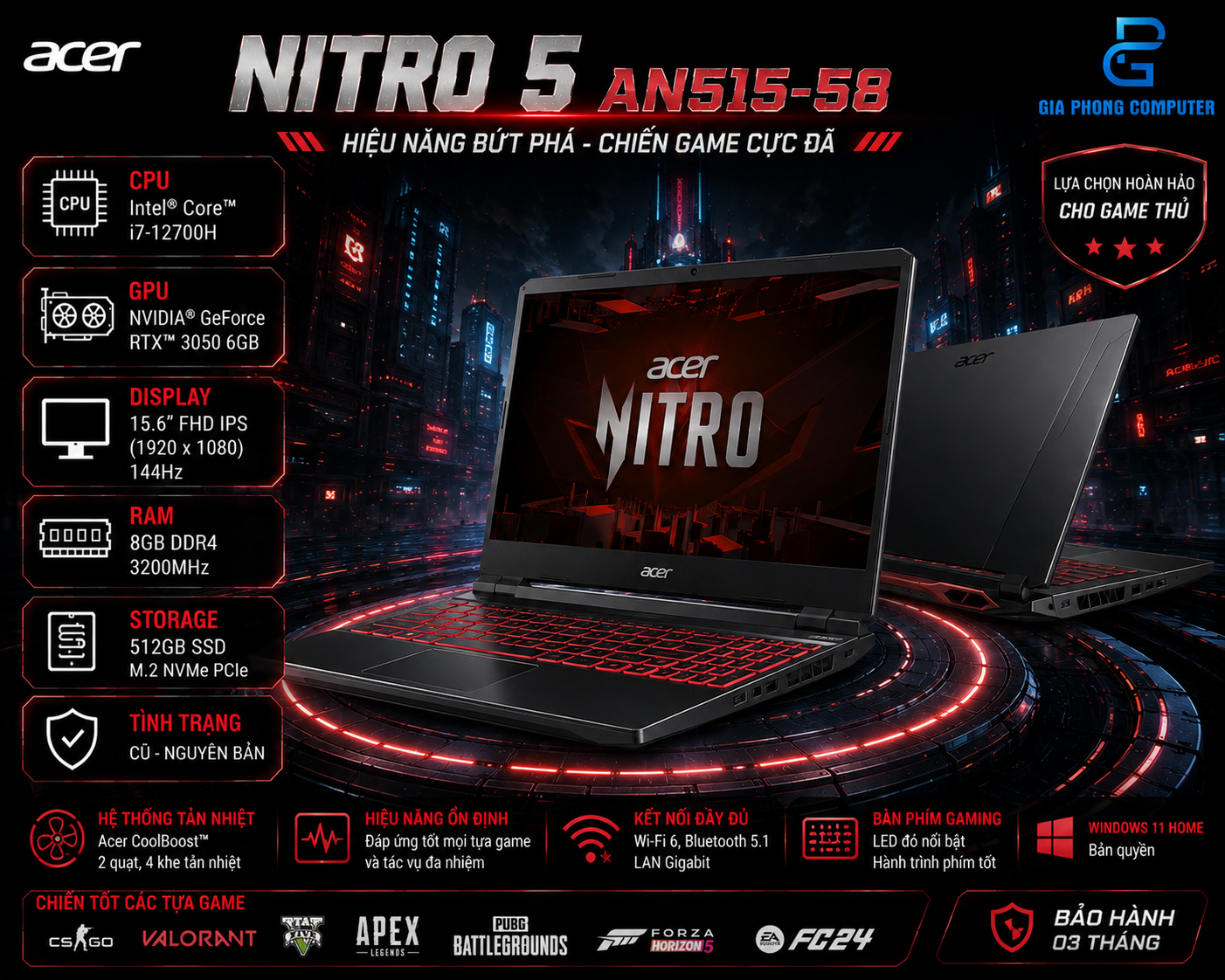 Laptop Acer Nitro 5 AN515-58 Cũ - i5-12500H / 8GB / 512GB / RTX 3050 4GB / 15.6inch 144Hz