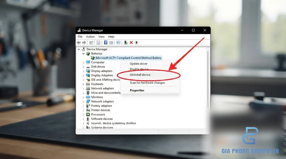 Gỡ driver pin trong Device Manager