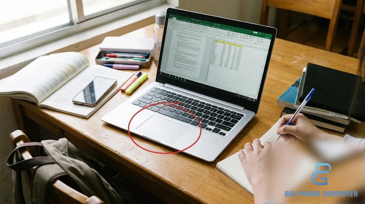 Laptop sinh viên dưới 15 triệu năm 2026 đặt trên bàn học cùng sách vở và phụ kiện