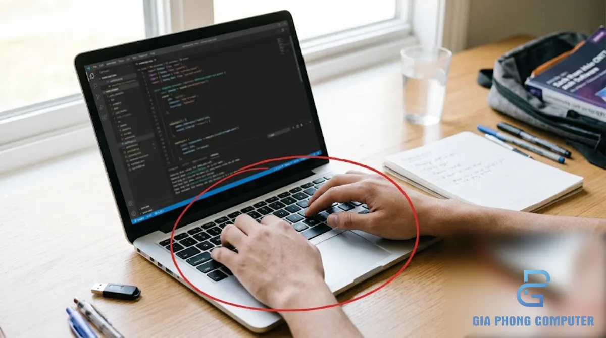 Laptop sinh viên thiết kế đồ họa hiển thị giao diện chỉnh sửa hình ảnh trên màn hình IPS