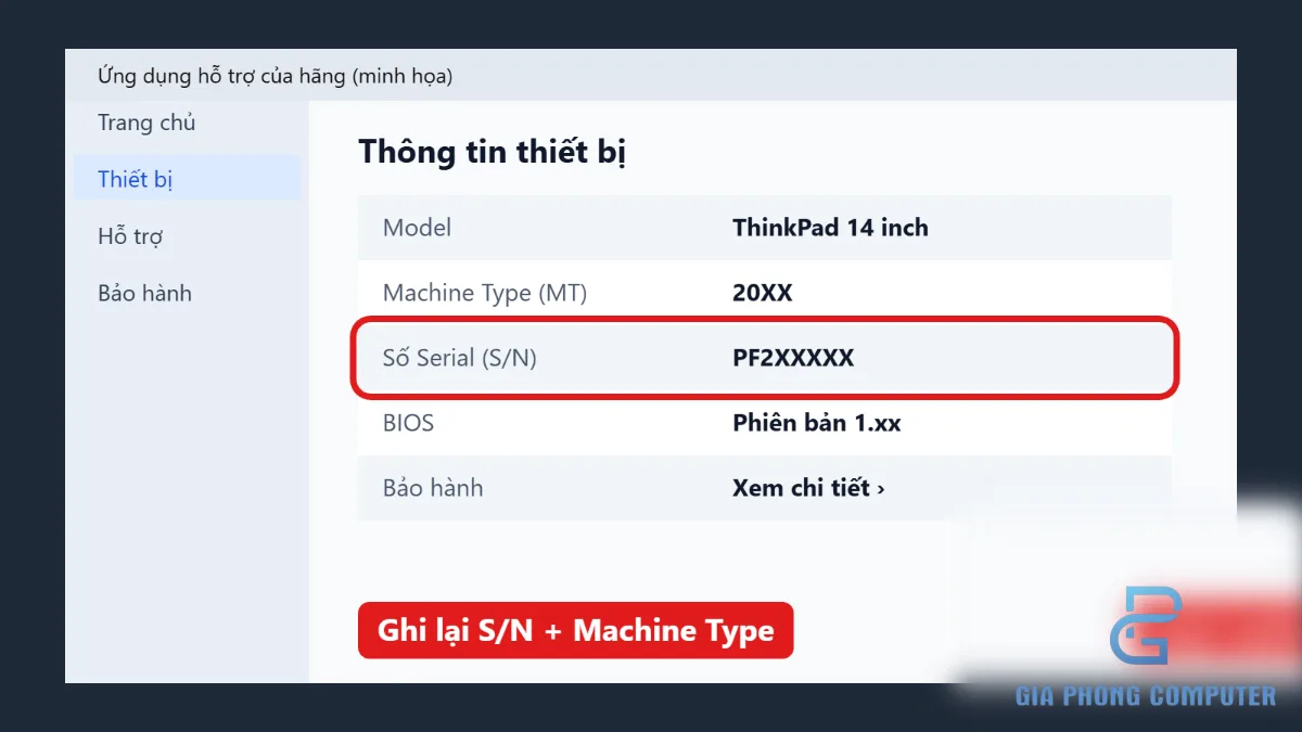 Minh họa Lenovo Vantage hiển thị thông tin nhận diện laptop