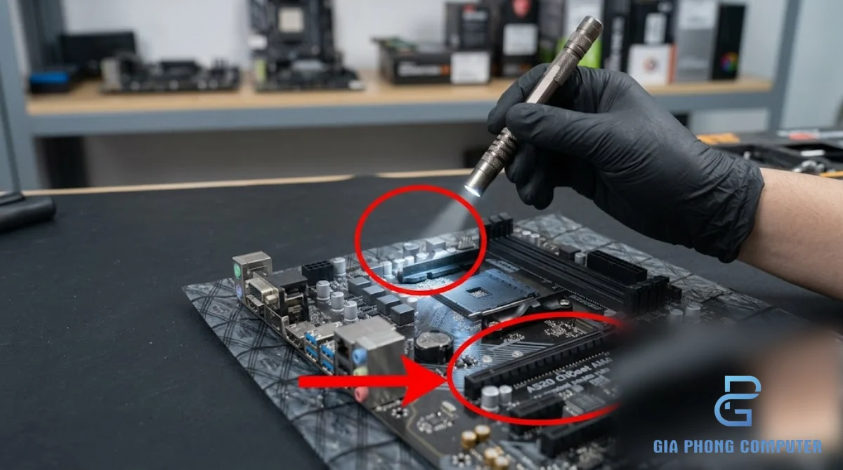 Kỹ thuật viên kiểm tra khu vực VRM và khe PCIe trên main A520 trước khi chọn CPU