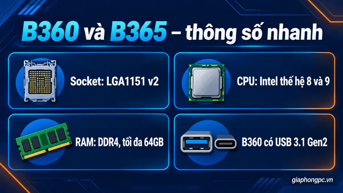 Main B365 hỗ trợ CPU nào: LGA1151 v2, Intel thế hệ 8 và 9, RAM DDR4 tối đa 64GB