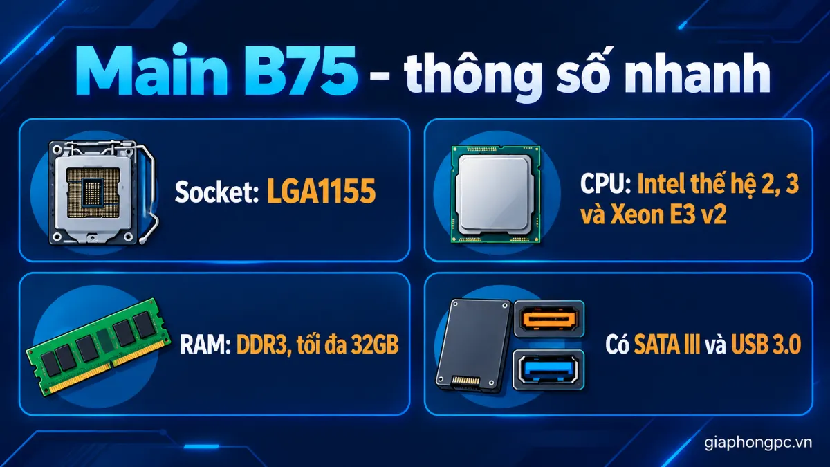 Main B75 hỗ trợ CPU nào: LGA1155, Intel thế hệ 2, 3 và Xeon E3 v2, RAM DDR3