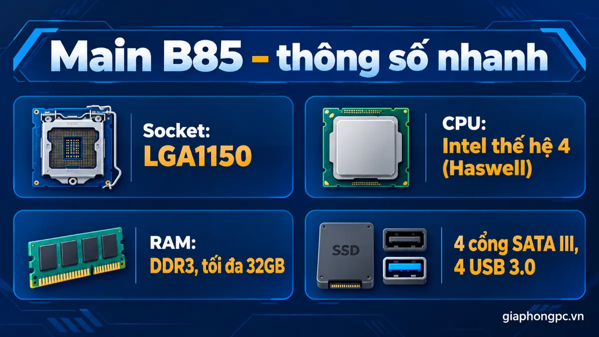Main B85 hỗ trợ CPU nào: LGA1150, Intel thế hệ 4 Haswell, RAM DDR3 tối đa 32GB