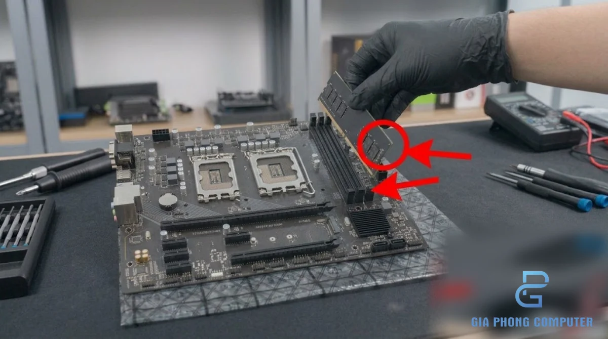 Kỹ thuật viên lắp RAM DDR5 vào khe bộ nhớ trên mainboard B860