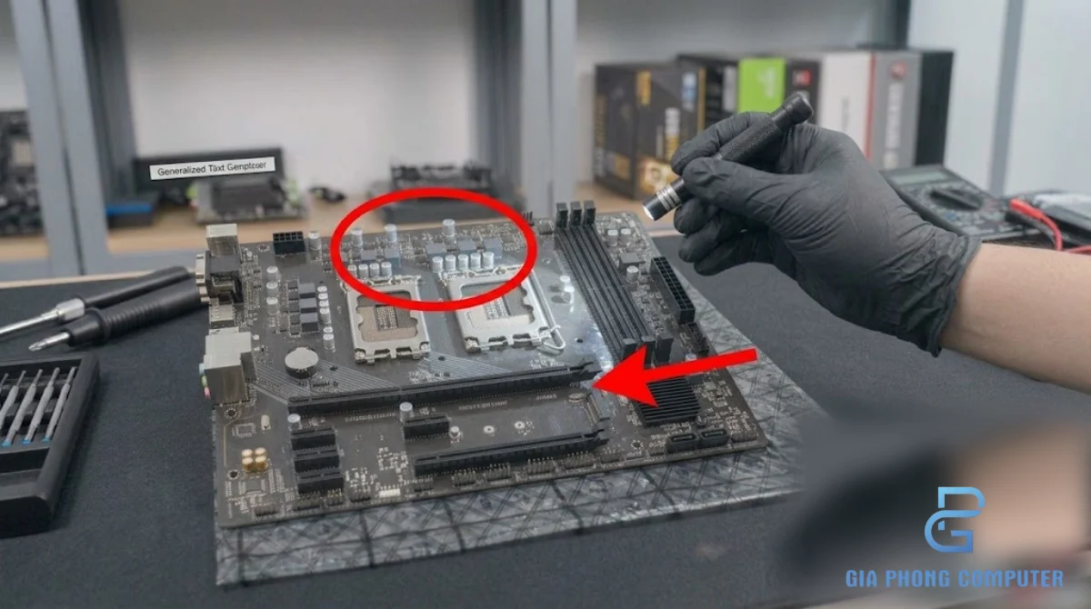 Kỹ thuật viên kiểm tra khu vực VRM và khe PCIe trên bo mạch chủ B860