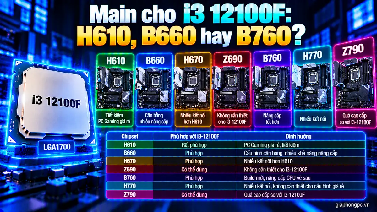 Main cho i3 12100F: H610, B660 hay B760