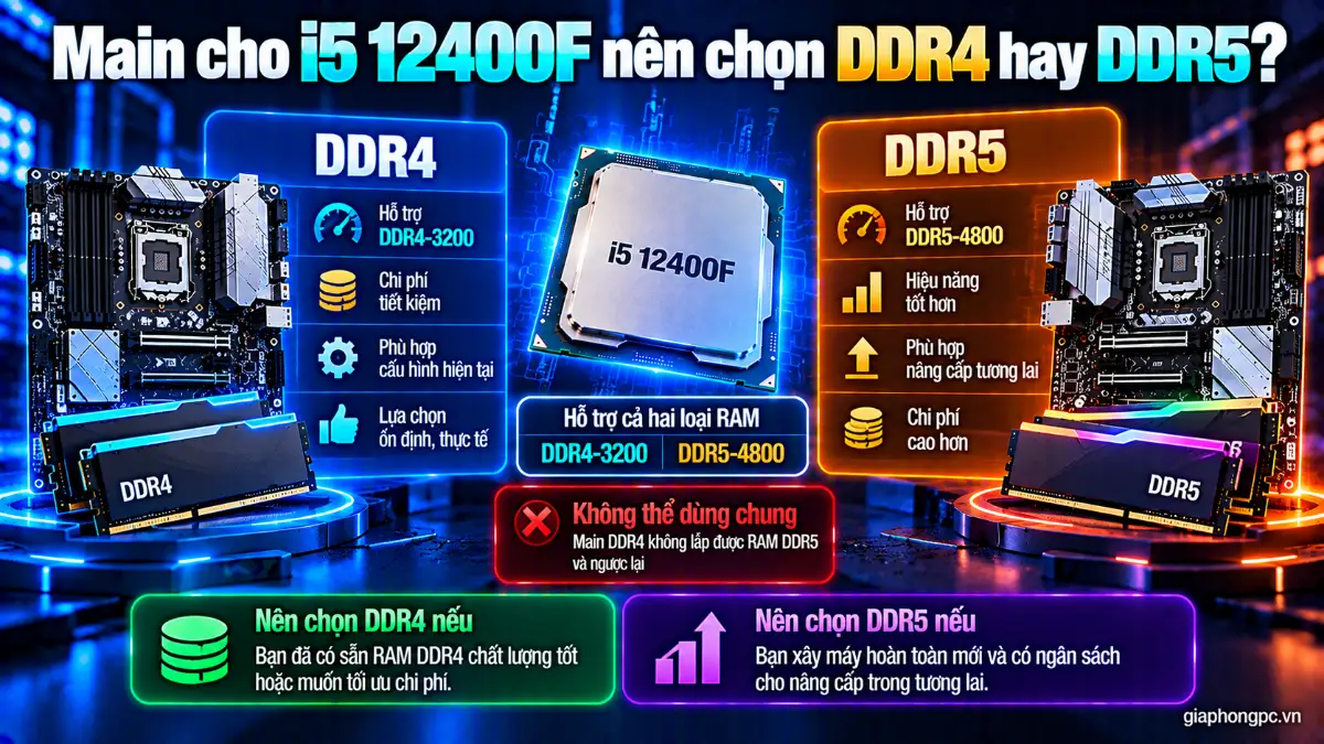 Main cho i5 12400F nên chọn DDR4 hay DDR5