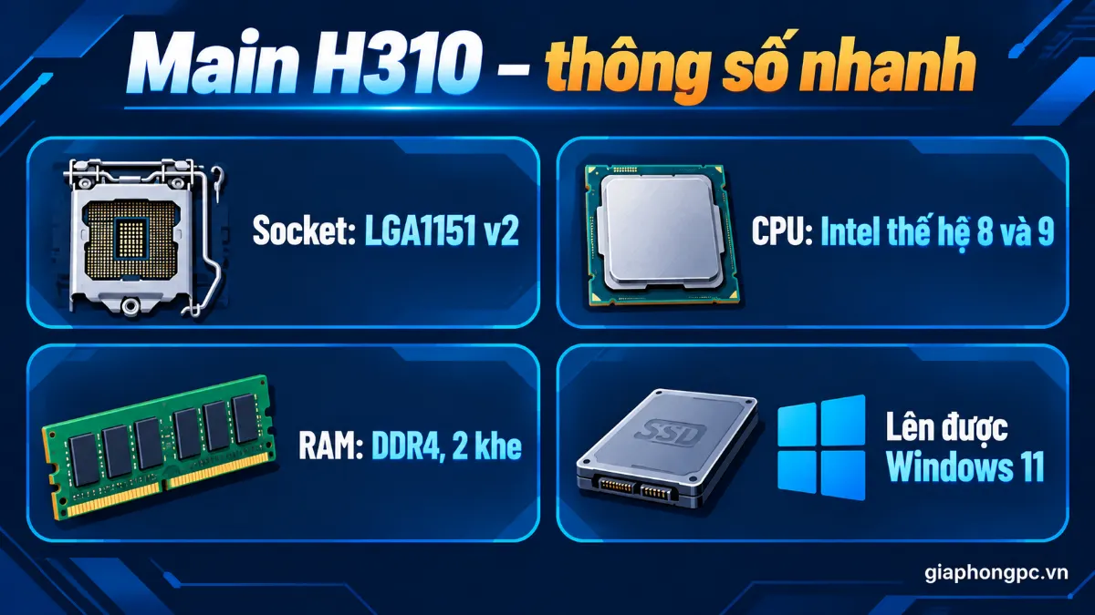 Main H310 hỗ trợ CPU nào: LGA1151 v2, Intel thế hệ 8 và 9, RAM DDR4