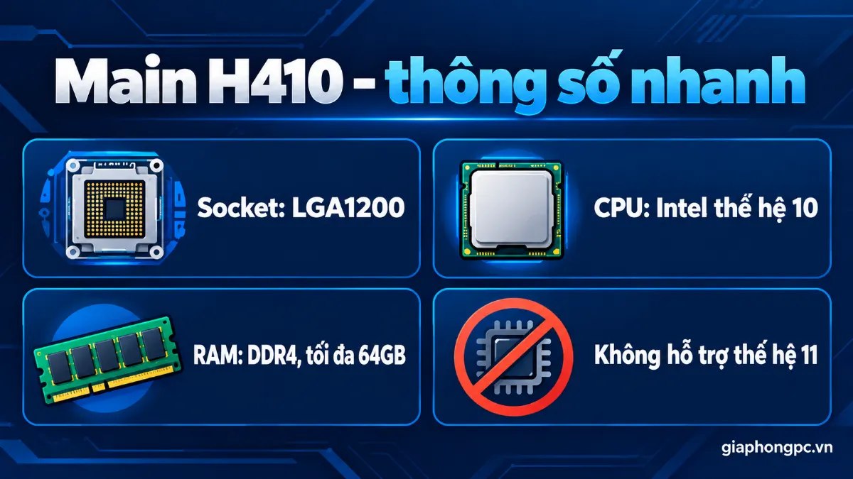 Main H410 hỗ trợ CPU nào: LGA1200, Intel thế hệ 10, RAM DDR4 tối đa 64GB